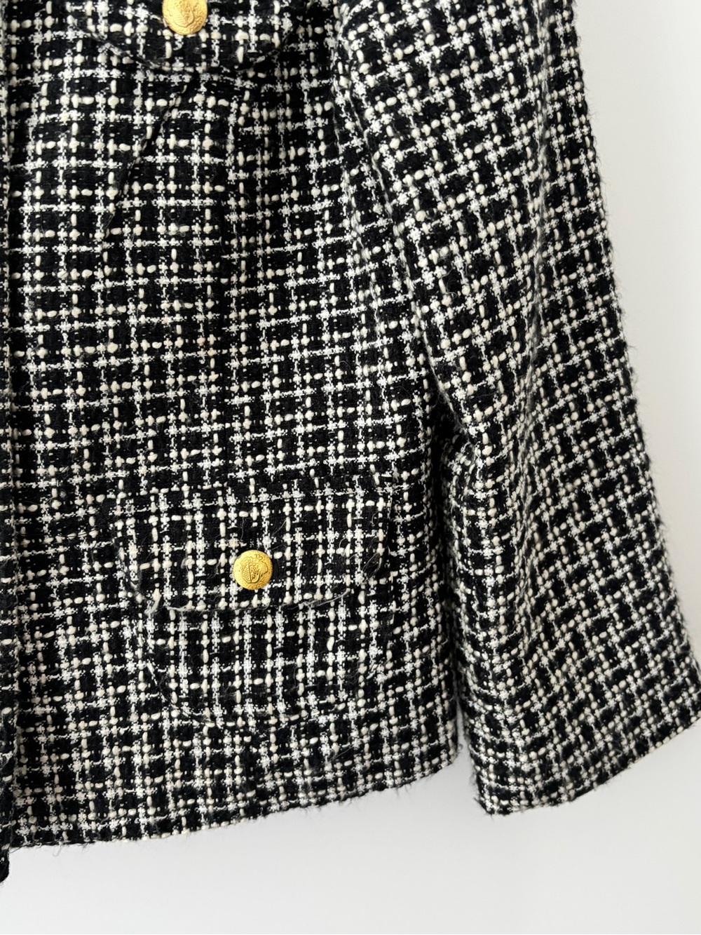 Sandro Bouclé Tweed Lady Jacket Gold Button Black White Size S Old Money Preppy - Picture 6 of 8